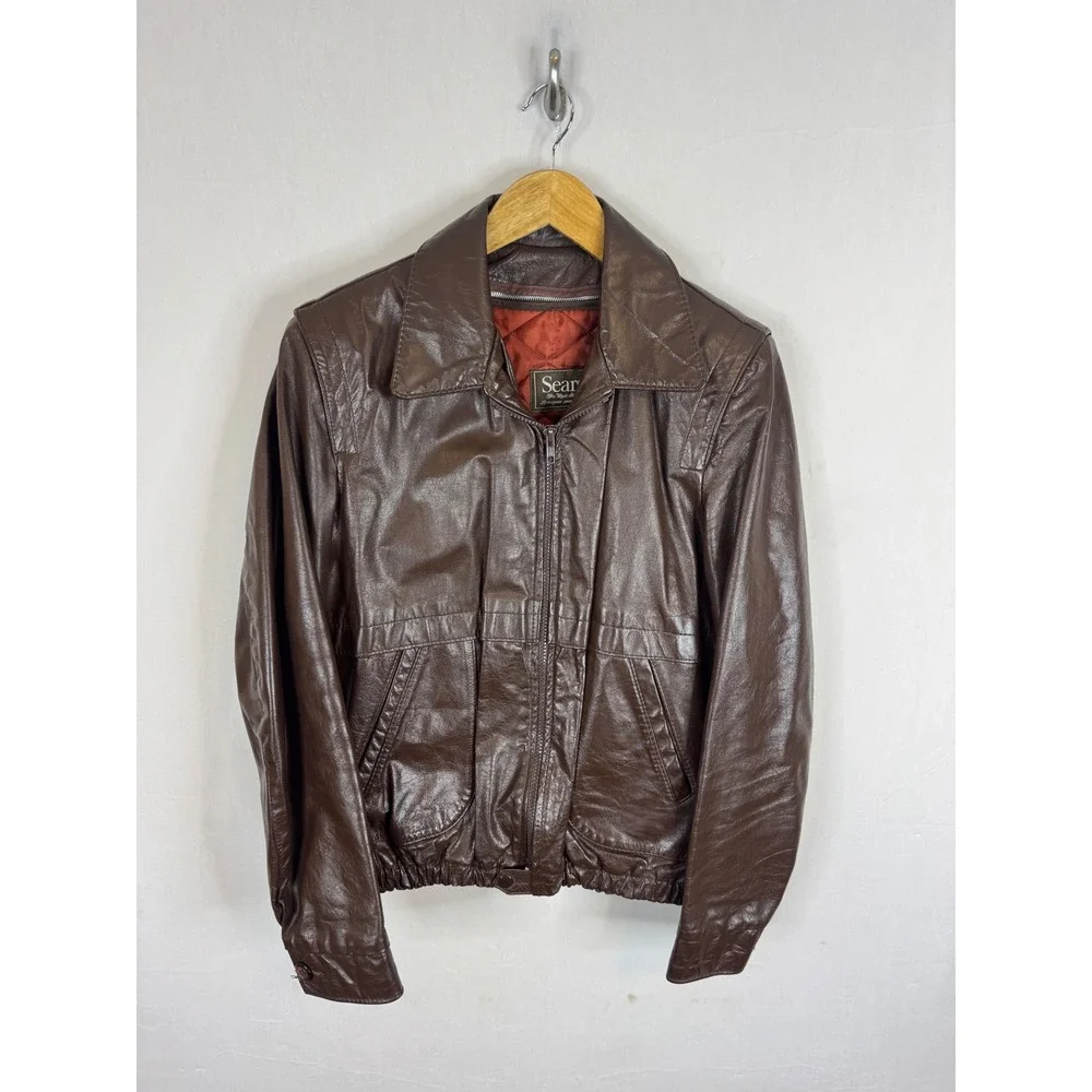 Vintage Sears Men 42 70s Brown Leather Bomber Jacket Quilted Lining CA00222